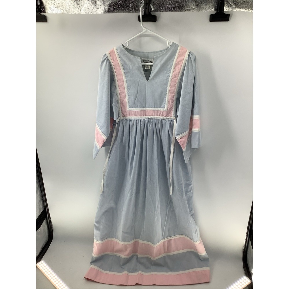 Vintage Saybury Seersucker Caftan Robe Blue Pink Stripe Bib Side Tie Small